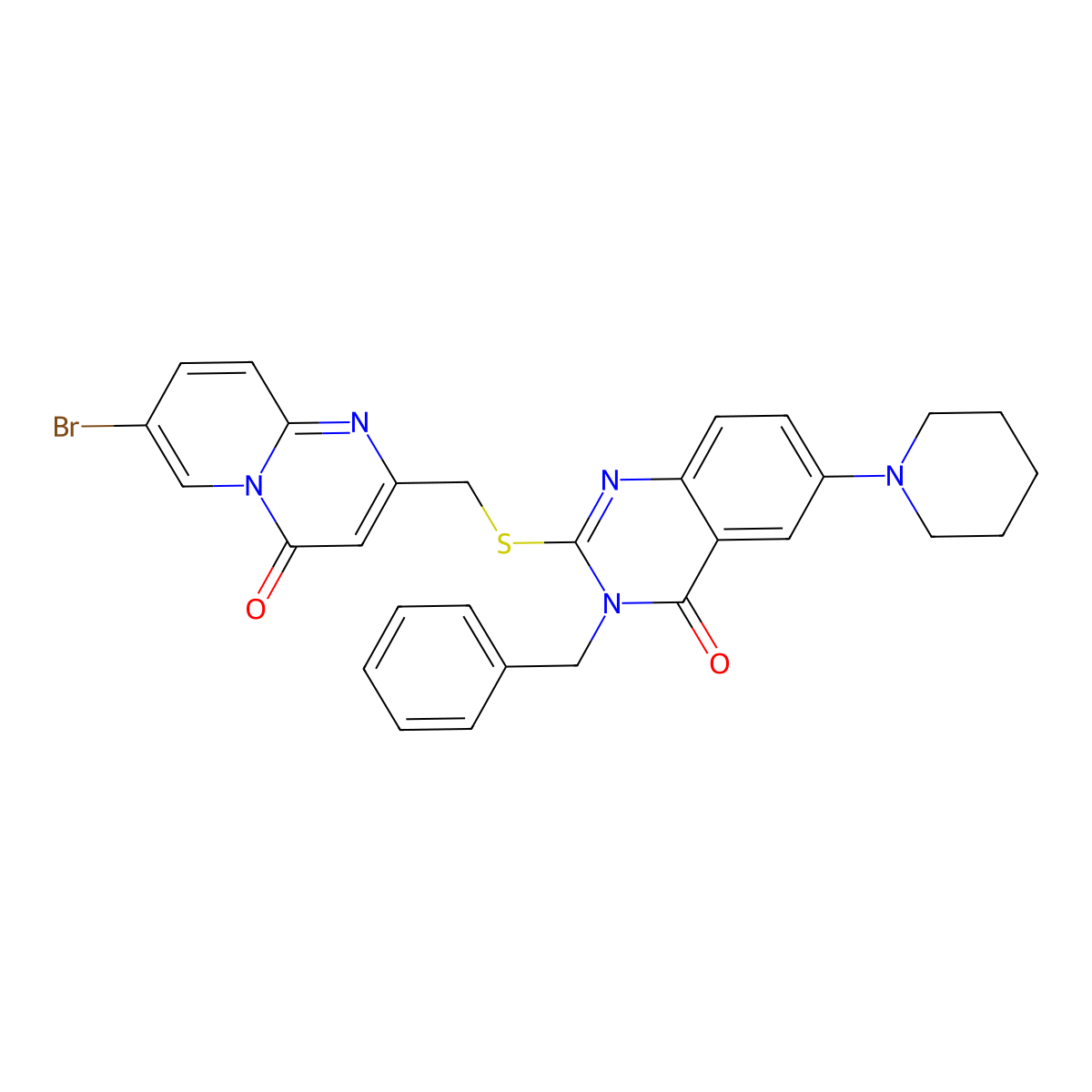 3-Benzyl-2-[(7-bromo-4-oxopyrido[1,2-a]pyrimidin-2-yl)methylsulfanyl]-6-piperidin-1-ylquinazolin-4-one molecular structure, CAS 689228-55-5