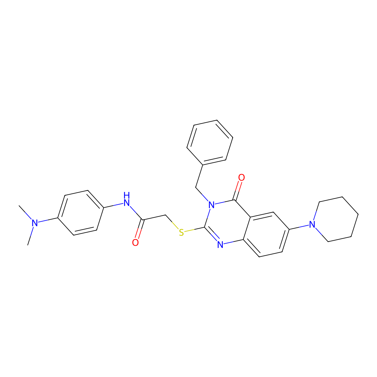 2-((3-benzyl-4-oxo-6-(piperidin-1-yl)-3,4-dihydroquinazolin-2-yl)thio)-N-(4-(dimethylamino)phenyl)acetamide molecular structure, CAS 689228-59-9
