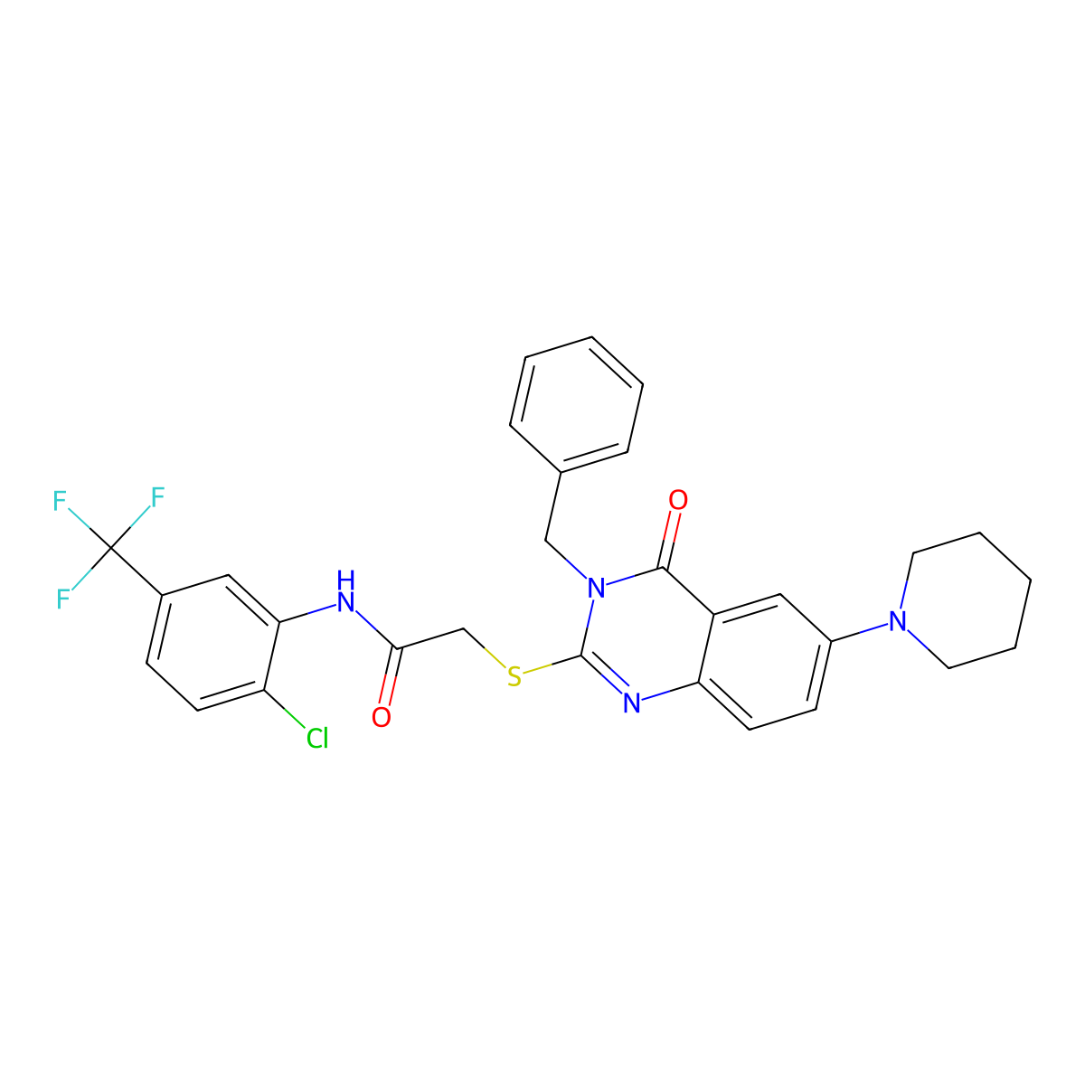 2-(3-benzyl-4-oxo-6-piperidin-1-ylquinazolin-2-yl)sulfanyl-N-[2-chloro-5-(trifluoromethyl)phenyl]acetamide molecular structure, CAS 689228-62-4