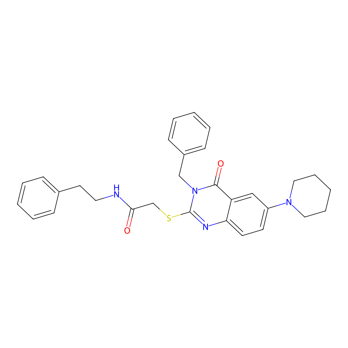 2-((3-benzyl-4-oxo-6-(piperidin-1-yl)-3,4-dihydroquinazolin-2-yl)thio)-N-phenethylacetamide molecular structure, CAS 689228-63-5