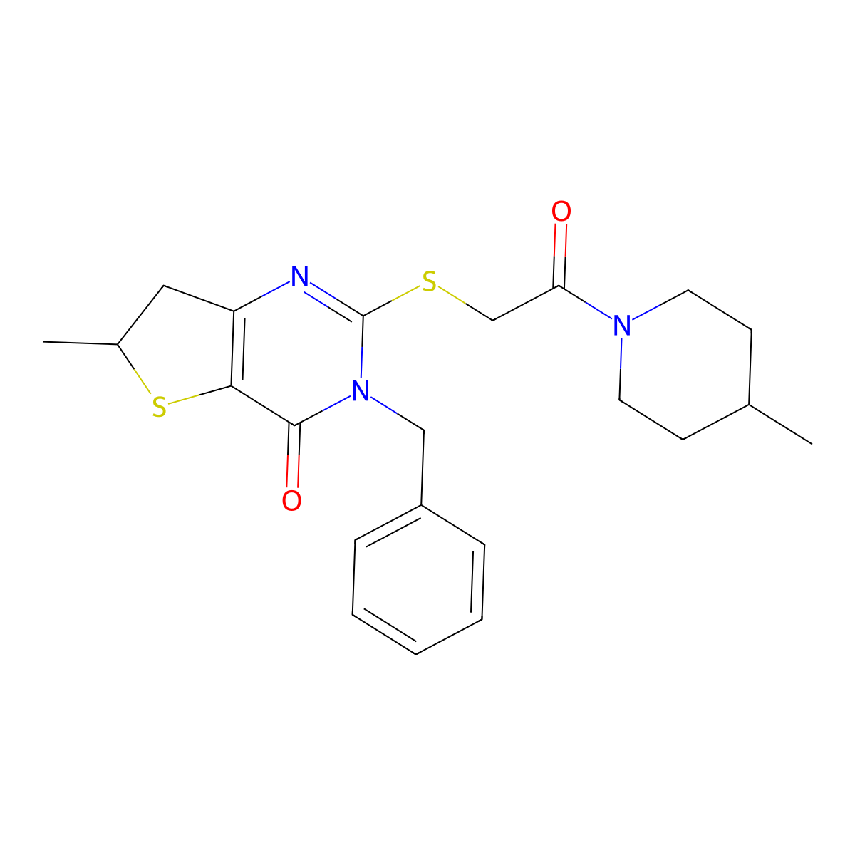 3-Benzyl-6-methyl-2-[2-(4-methylpiperidin-1-yl)-2-oxoethyl]sulfanyl-6,7-dihydrothieno[3,2-d]pyrimidin-4-one molecular structure, CAS 689262-61-1