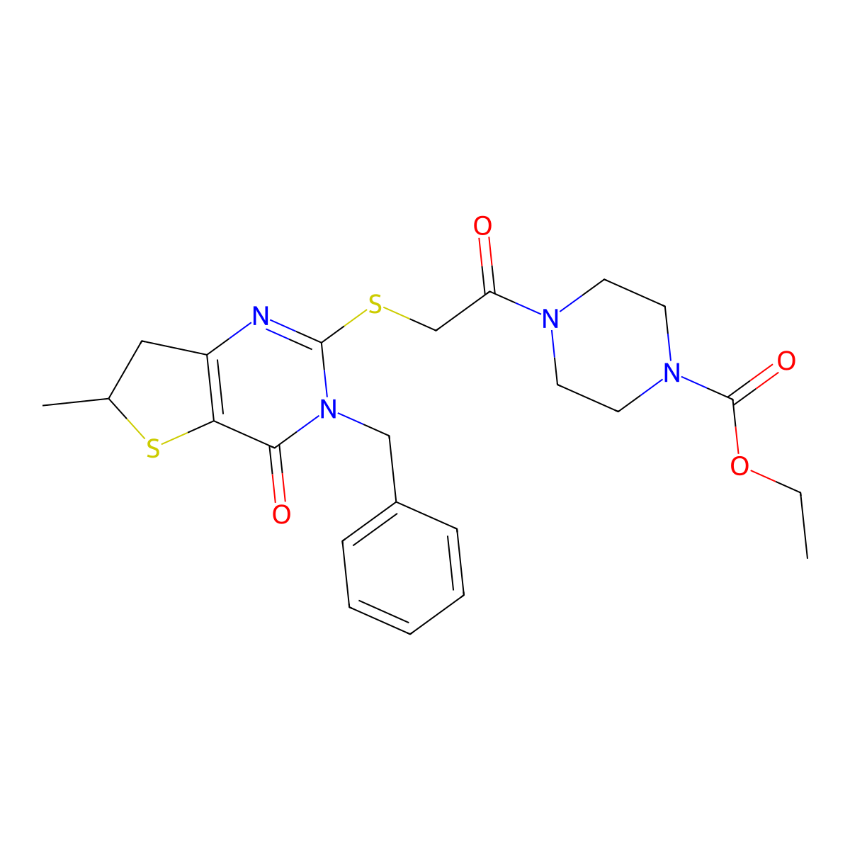 Ethyl 4-[2-[(3-benzyl-6-methyl-4-oxo-6,7-dihydrothieno[3,2-d]pyrimidin-2-yl)sulfanyl]acetyl]piperazine-1-carboxylate molecular structure, CAS 689262-63-3