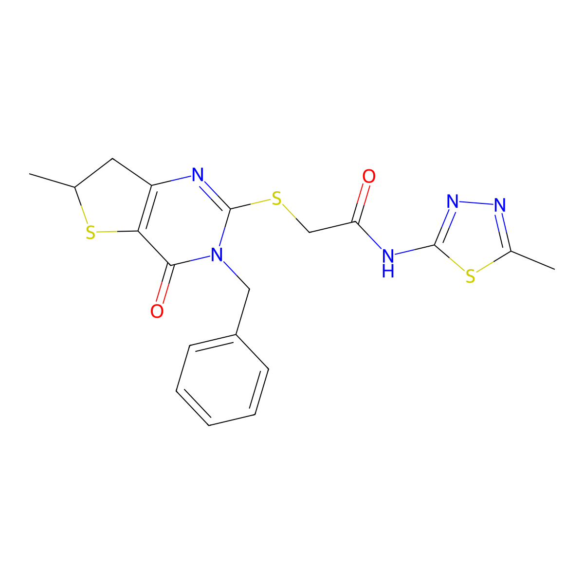 2-((3-benzyl-6-methyl-4-oxo-3,4,6,7-tetrahydrothieno[3,2-d]pyrimidin-2-yl)thio)-N-(5-methyl-1,3,4-thiadiazol-2-yl)acetamide molecular structure, CAS 689262-66-6