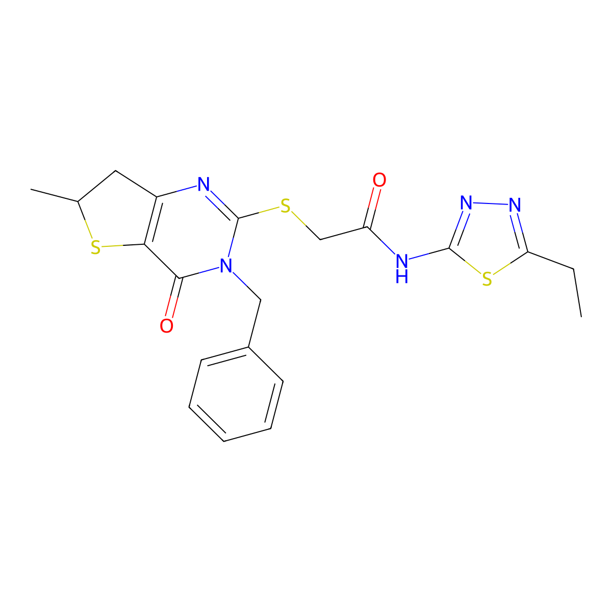 2-((3-benzyl-6-methyl-4-oxo-3,4,6,7-tetrahydrothieno[3,2-d]pyrimidin-2-yl)thio)-N-(5-ethyl-1,3,4-thiadiazol-2-yl)acetamide molecular structure, CAS 689262-67-7