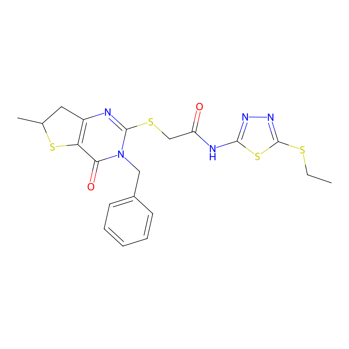 2-[(3-benzyl-6-methyl-4-oxo-6,7-dihydrothieno[3,2-d]pyrimidin-2-yl)sulfanyl]-N-(5-ethylsulfanyl-1,3,4-thiadiazol-2-yl)acetamide molecular structure, CAS 689262-68-8