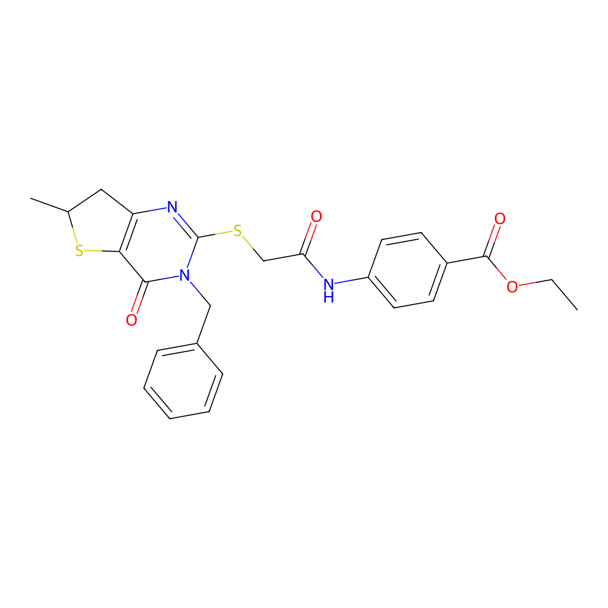 Ethyl 4-[[2-[(3-benzyl-6-methyl-4-oxo-6,7-dihydrothieno[3,2-d]pyrimidin-2-yl)sulfanyl]acetyl]amino]benzoate molecular structure, CAS 689262-72-4
