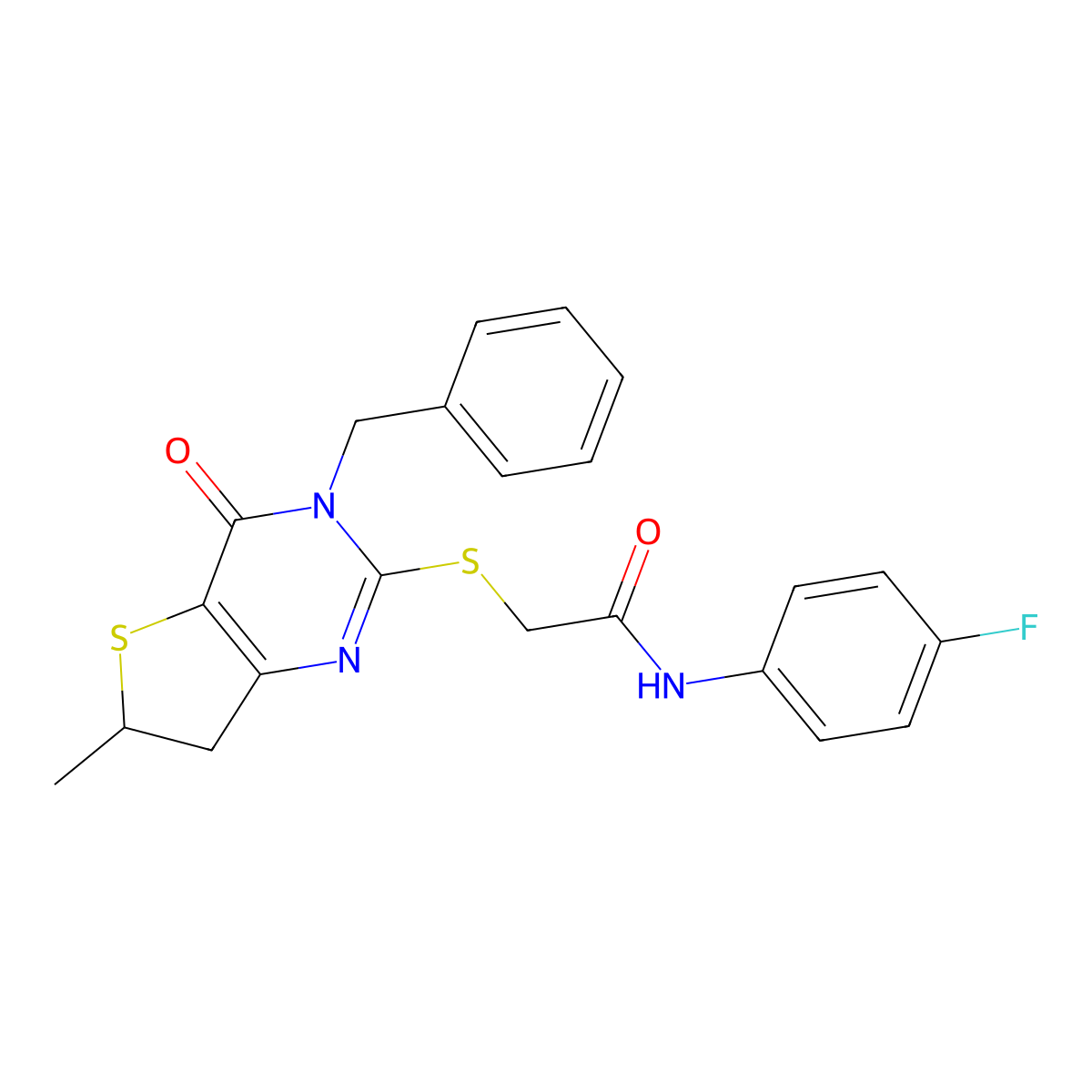 2-((3-benzyl-6-methyl-4-oxo-3,4,6,7-tetrahydrothieno[3,2-d]pyrimidin-2-yl)thio)-N-(4-fluorophenyl)acetamide molecular structure, CAS 689262-74-6