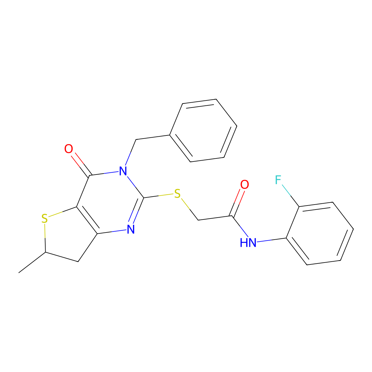 2-[(3-benzyl-6-methyl-4-oxo-6,7-dihydrothieno[3,2-d]pyrimidin-2-yl)sulfanyl]-N-(2-fluorophenyl)acetamide molecular structure, CAS 689262-75-7