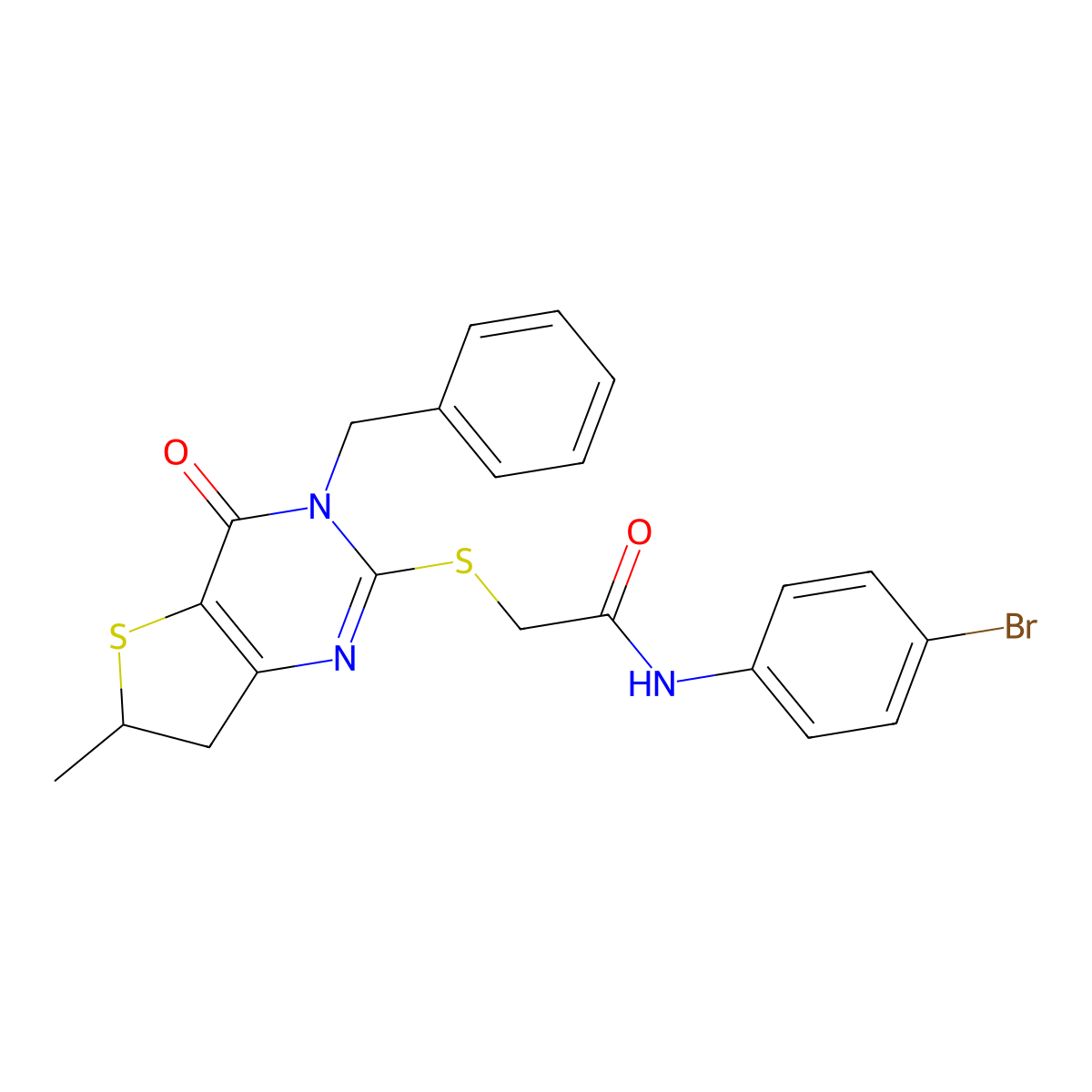 2-((3-benzyl-6-methyl-4-oxo-3,4,6,7-tetrahydrothieno[3,2-d]pyrimidin-2-yl)thio)-N-(4-bromophenyl)acetamide molecular structure, CAS 689262-76-8
