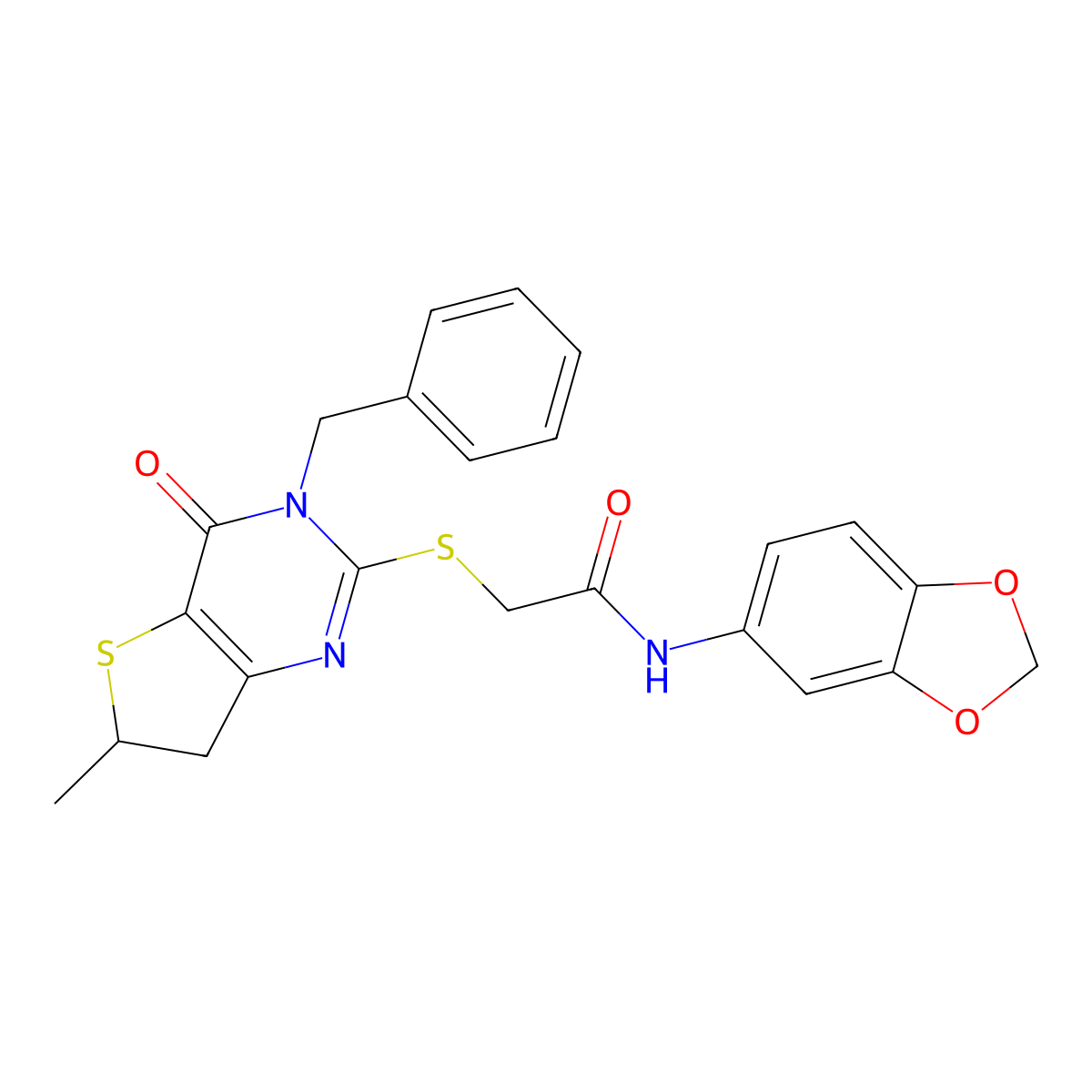 N-(1,3-benzodioxol-5-yl)-2-[[6-methyl-4-oxo-3-(phenylmethyl)-6,7-dihydrothieno[3,2-d]pyrimidin-2-yl]thio]acetamide molecular structure, CAS 689262-88-2