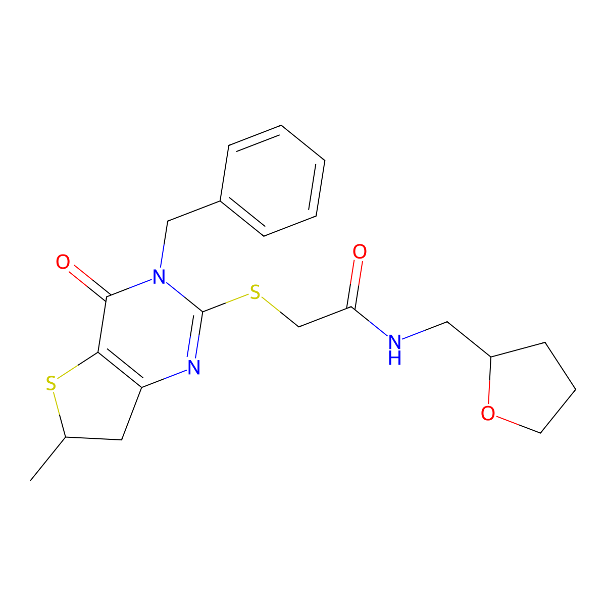 2-((3-benzyl-6-methyl-4-oxo-3,4,6,7-tetrahydrothieno[3,2-d]pyrimidin-2-yl)thio)-N-((tetrahydrofuran-2-yl)methyl)acetamide molecular structure, CAS 689262-92-8