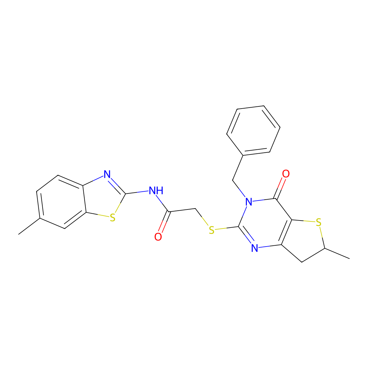 2-((3-benzyl-6-methyl-4-oxo-3,4,6,7-tetrahydrothieno[3,2-d]pyrimidin-2-yl)thio)-N-(6-methylbenzo[d]thiazol-2-yl)acetamide molecular structure, CAS 689262-94-0