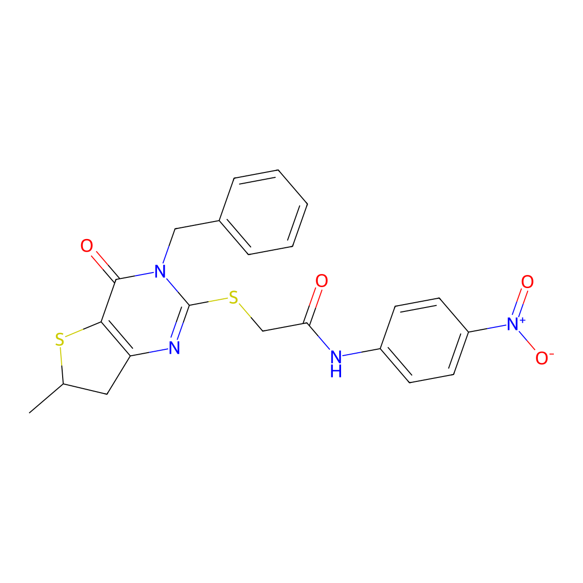 2-((3-benzyl-6-methyl-4-oxo-3,4,6,7-tetrahydrothieno[3,2-d]pyrimidin-2-yl)thio)-N-(4-nitrophenyl)acetamide molecular structure, CAS 689262-95-1