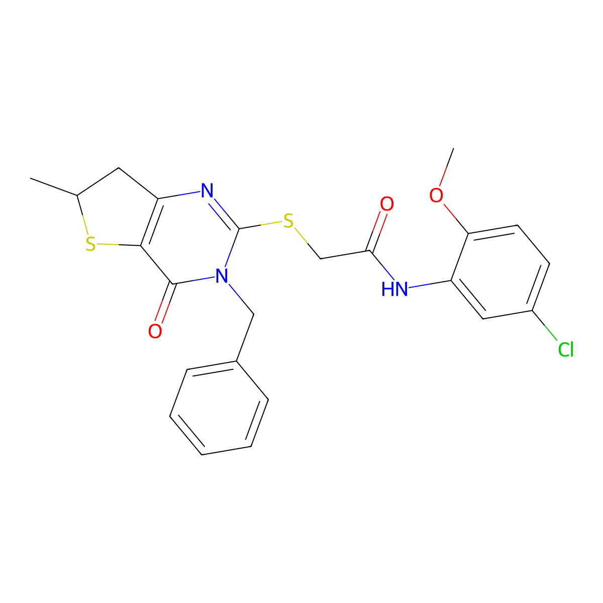 2-((3-benzyl-6-methyl-4-oxo-3,4,6,7-tetrahydrothieno[3,2-d]pyrimidin-2-yl)thio)-N-(5-chloro-2-methoxyphenyl)acetamide molecular structure, CAS 689263-04-5