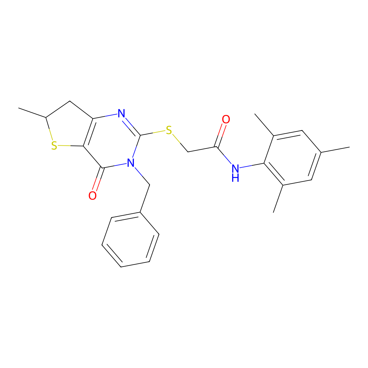 2-((3-benzyl-6-methyl-4-oxo-3,4,6,7-tetrahydrothieno[3,2-d]pyrimidin-2-yl)thio)-N-mesitylacetamide molecular structure, CAS 689263-16-9