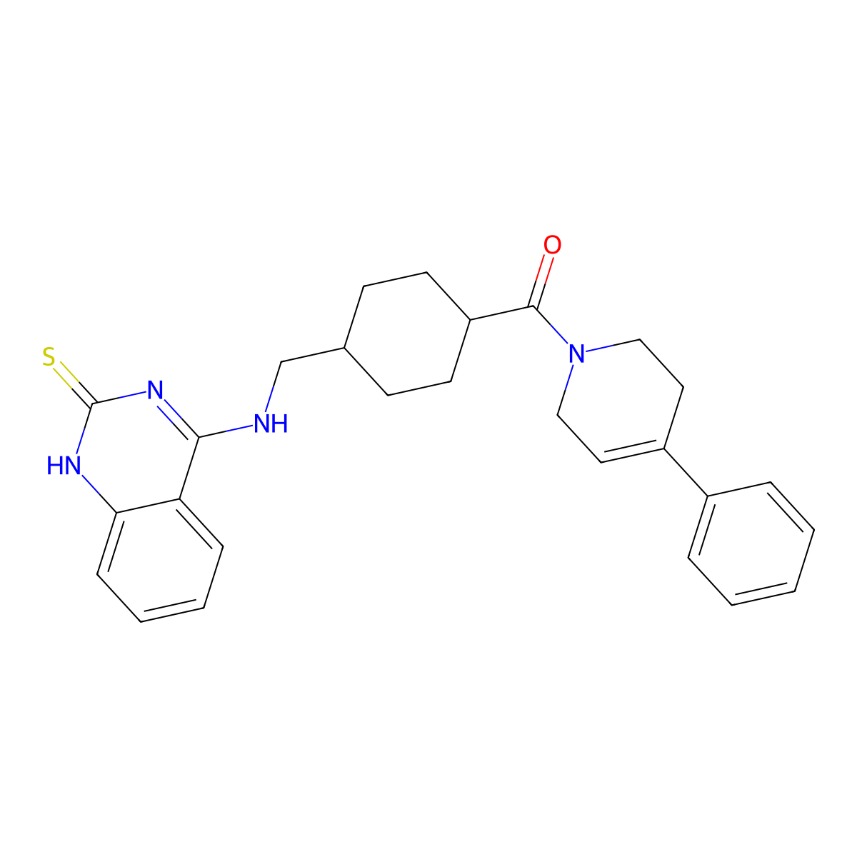 (4-phenyl-3,6-dihydro-2H-pyridin-1-yl)-[4-[[(2-sulfanylidene-1H-quinazolin-4-yl)amino]methyl]cyclohexyl]methanone molecular structure, CAS 689265-89-2