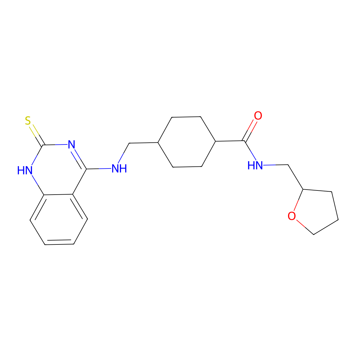 N-((tetrahydrofuran-2-yl)methyl)-4-(((2-thioxo-1,2-dihydroquinazolin-4-yl)amino)methyl)cyclohexanecarboxamide molecular structure, CAS 689266-00-0