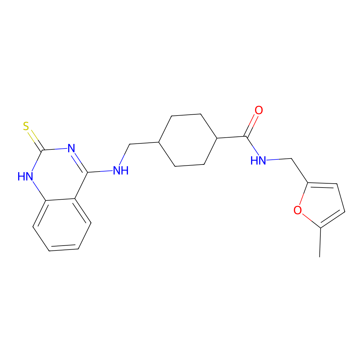 N-((5-methylfuran-2-yl)methyl)-4-(((2-thioxo-1,2-dihydroquinazolin-4-yl)amino)methyl)cyclohexanecarboxamide molecular structure, CAS 689266-01-1