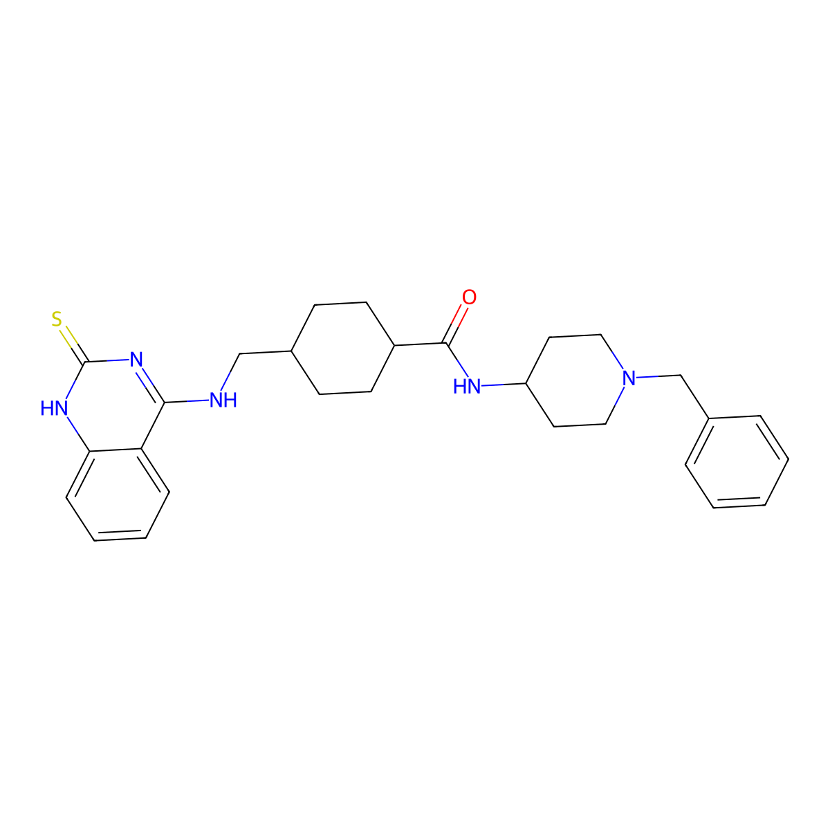 N-(1-benzylpiperidin-4-yl)-4-(((2-thioxo-1,2-dihydroquinazolin-4-yl)amino)methyl)cyclohexanecarboxamide molecular structure, CAS 689266-04-4