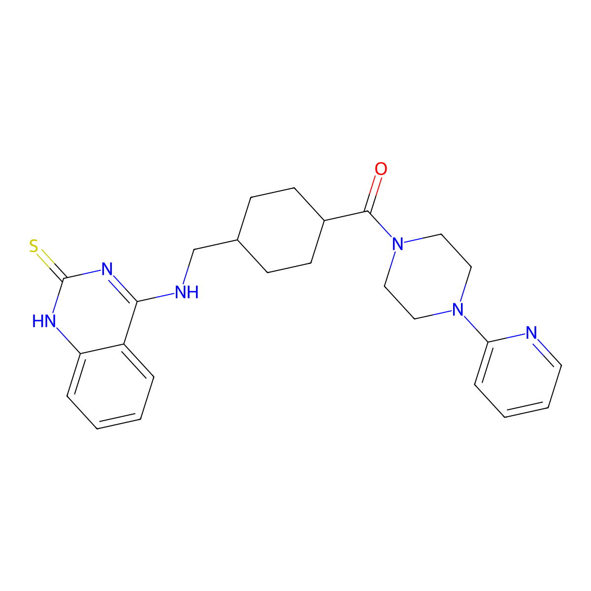 4-[({4-[(4-pyridin-2-ylpiperazin-1-yl)carbonyl]cyclohexyl}methyl)amino]quinazoline-2(1H)-thione molecular structure, CAS 689266-11-3