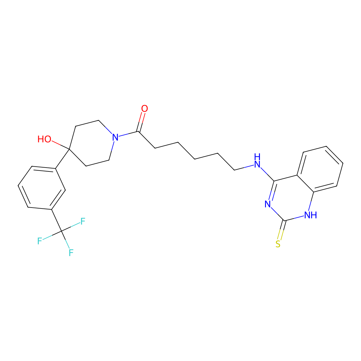 4-[(6-{4-hydroxy-4-[3-(trifluoromethyl)phenyl]piperidin-1-yl}-6-oxohexyl)amino]quinazoline-2(1H)-thione molecular structure, CAS 689266-27-1