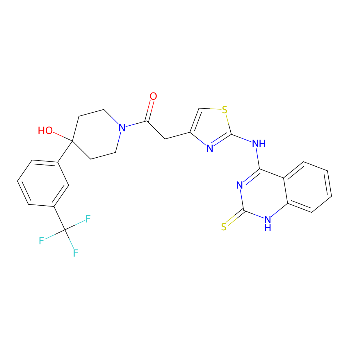 1-(4-Hydroxy-4-(3-(trifluoromethyl)phenyl)piperidin-1-yl)-2-(2-((2-thioxo-1,2-dihydroquinazolin-4-yl)amino)thiazol-4-yl)ethanone molecular structure, CAS 689266-90-8