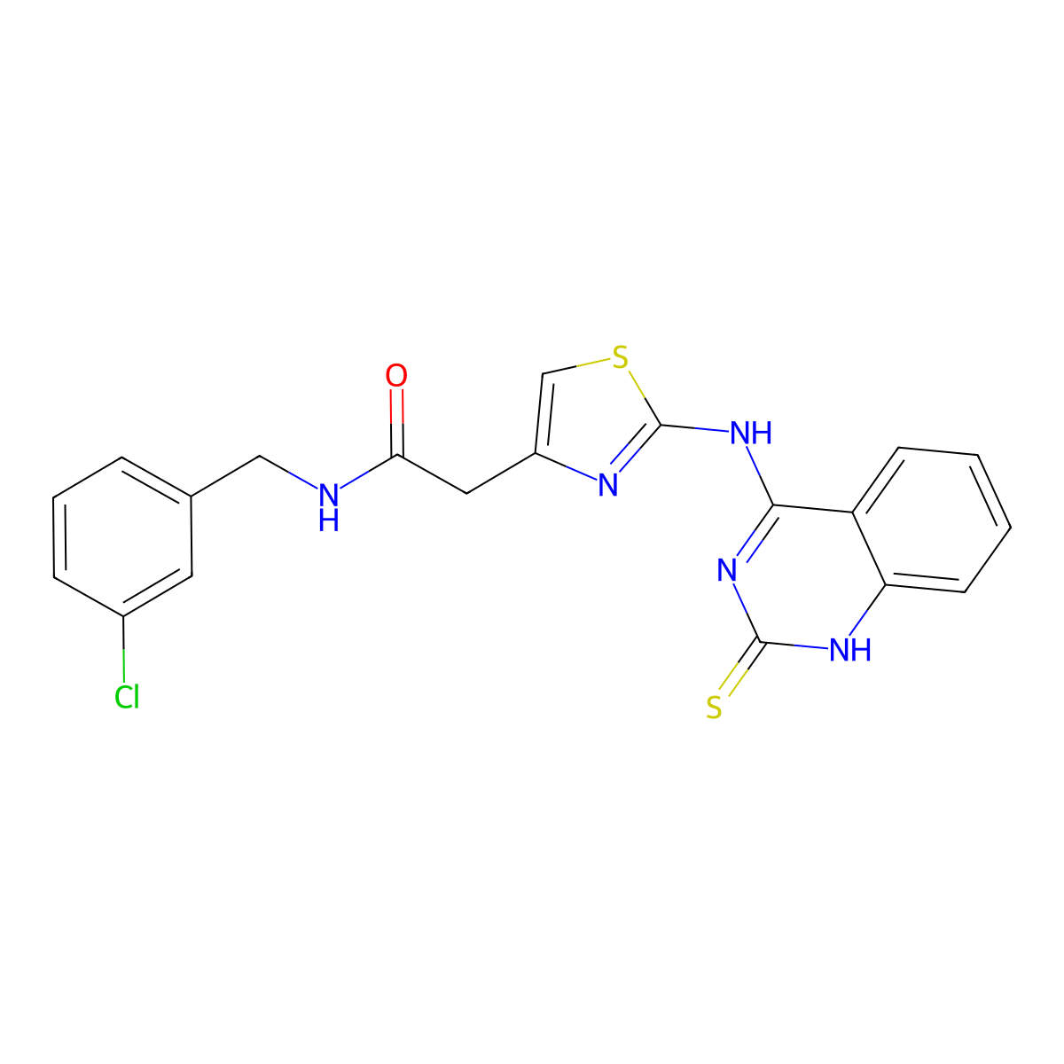 N-(3-chlorobenzyl)-2-(2-((2-thioxo-1,2-dihydroquinazolin-4-yl)amino)thiazol-4-yl)acetamide molecular structure, CAS 689266-95-3