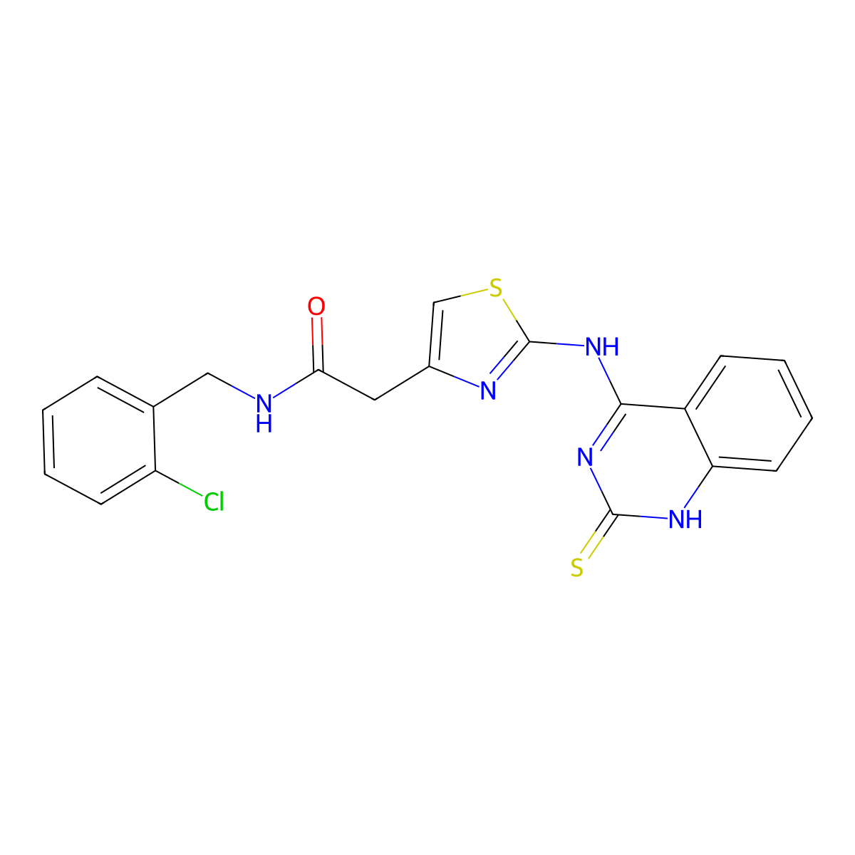 N-(2-chlorobenzyl)-2-(2-((2-thioxo-1,2-dihydroquinazolin-4-yl)amino)thiazol-4-yl)acetamide molecular structure, CAS 689266-96-4