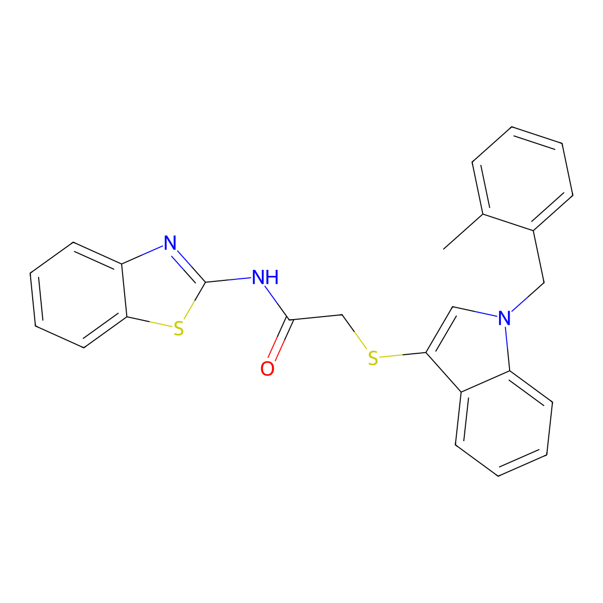 N-(benzo[d]thiazol-2-yl)-2-((1-(2-methylbenzyl)-1H-indol-3-yl)thio)acetamide molecular structure, CAS 689267-80-9