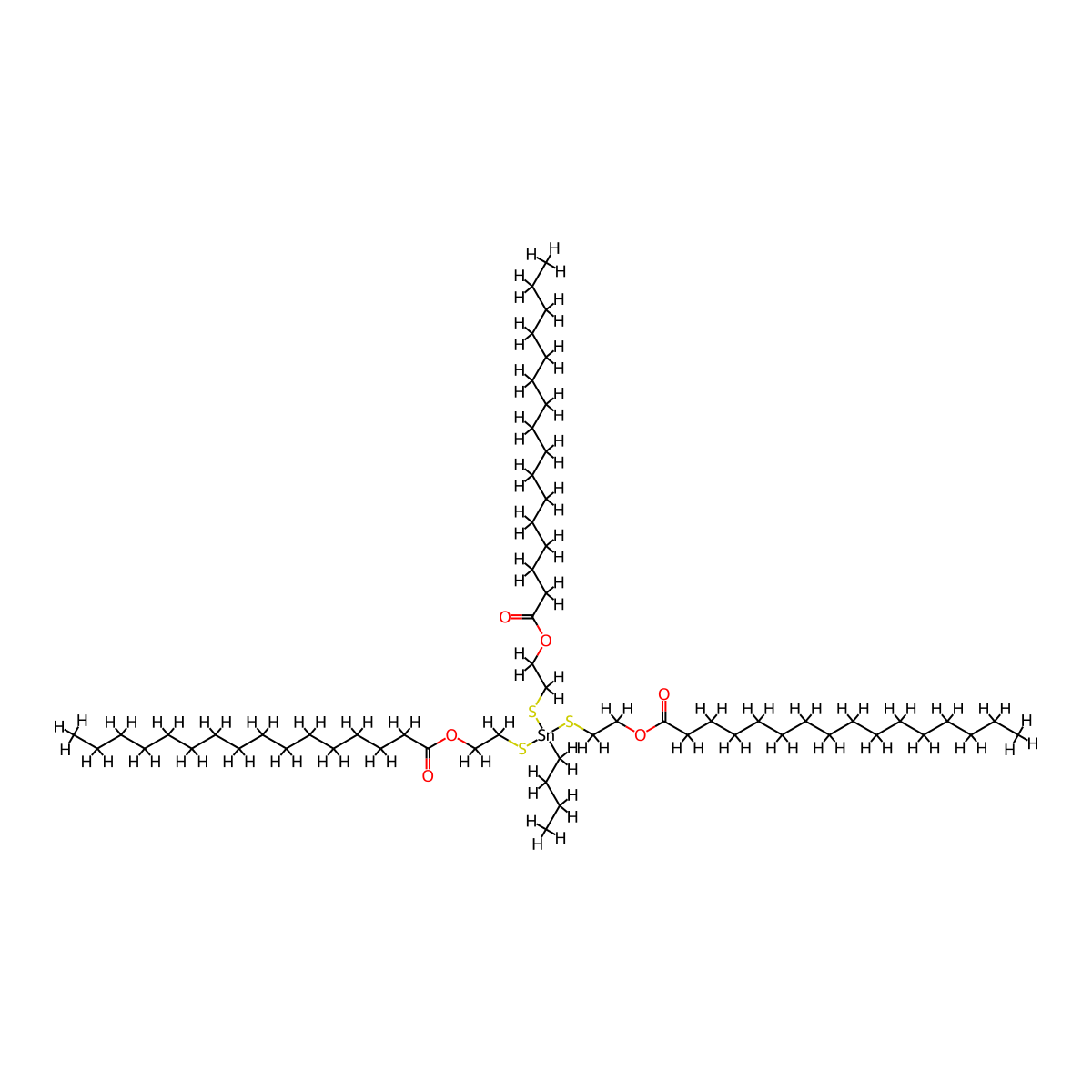 Hexadecanoic acid, 1,1',1''-[(butylstannylidyne)tris(thio-2,1-ethanediyl)] ester molecular structure, CAS 68928-39-2