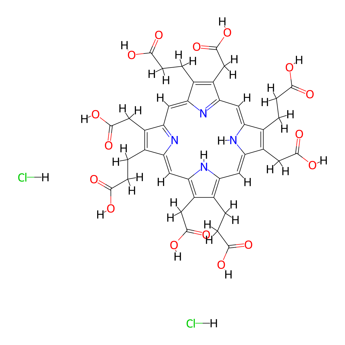 21H,23H-Porphine-2,7,12,17-tetrapropanoic acid, 3,8,13,18-tetrakis(carboxymethyl)-, hydrochloride (1:2) molecular structure, CAS 68929-06-6