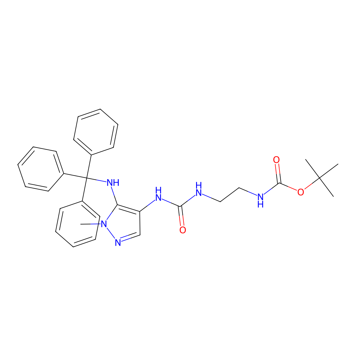 Carbamic acid, N-(2-((((1-methyl-5-((triphenylmethyl)amino)-1H-pyrazol-4-yl)amino)carbonyl)amino)ethyl)-, 1,1-dimethylethyl ester molecular structure, CAS 689293-69-4
