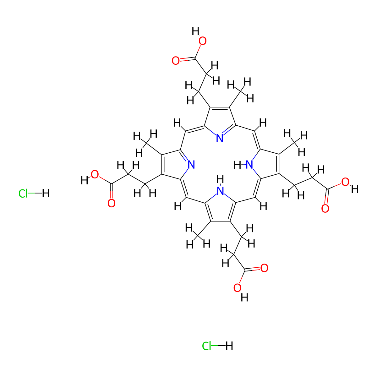 21H,23H-Porphine-2,7,12,18-tetrapropanoic acid, 3,8,13,17-tetramethyl-, hydrochloride (1:2) molecular structure, CAS 68938-73-8
