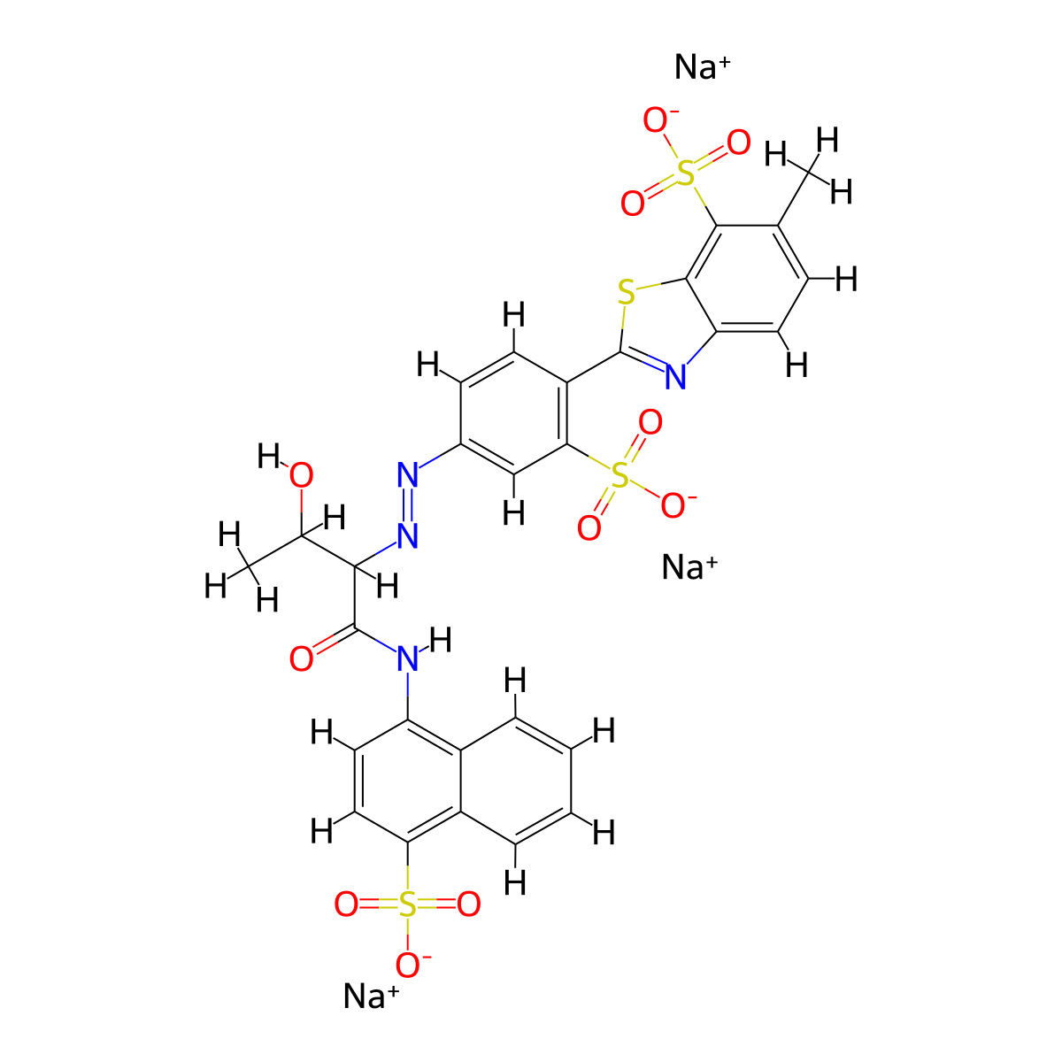 7-Benzothiazolesulfonic acid, 2-(4-(2-(2-hydroxy-1-(((4-sulfo-1-naphthalenyl)amino)carbonyl)propyl)diazenyl)sulfophenyl)-6-methyl-, sodium salt (1:3) molecular structure, CAS 68966-85-8
