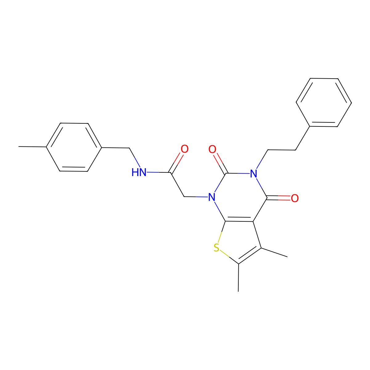 2-[5,6-dimethyl-2,4-dioxo-3-(2-phenylethyl)-1H,2H,3H,4H-thieno[2,3-d]pyrimidin-1-yl]-N-[(4-methylphenyl)methyl]acetamide molecular structure, CAS 689740-36-1