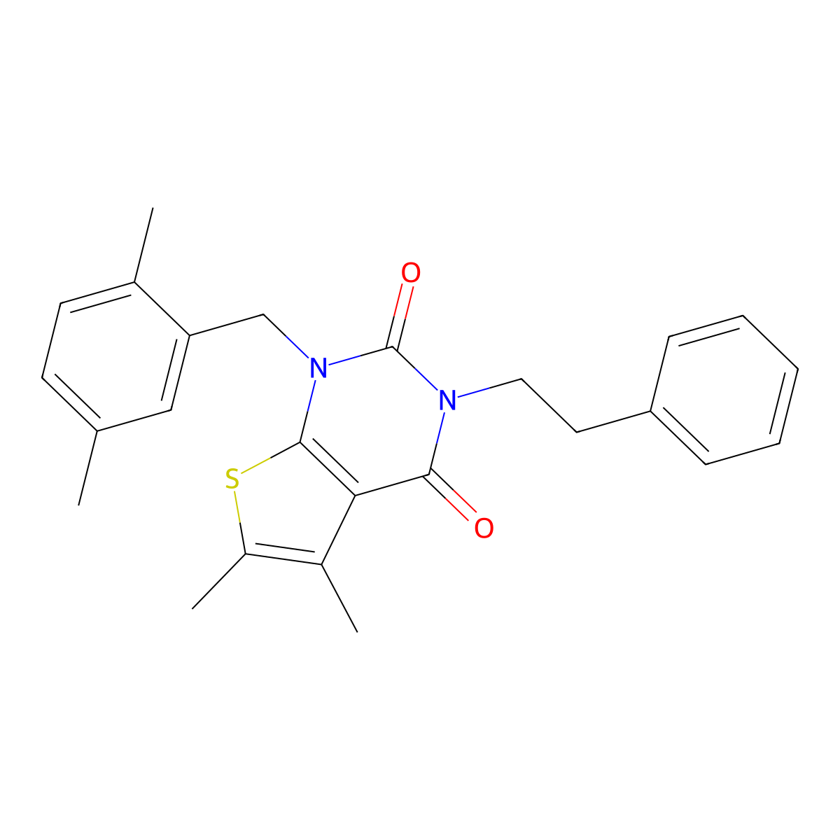 1-[(2,5-dimethylphenyl)methyl]-5,6-dimethyl-3-(2-phenylethyl)-1H,2H,3H,4H-thieno[2,3-d]pyrimidine-2,4-dione molecular structure, CAS 689740-44-1