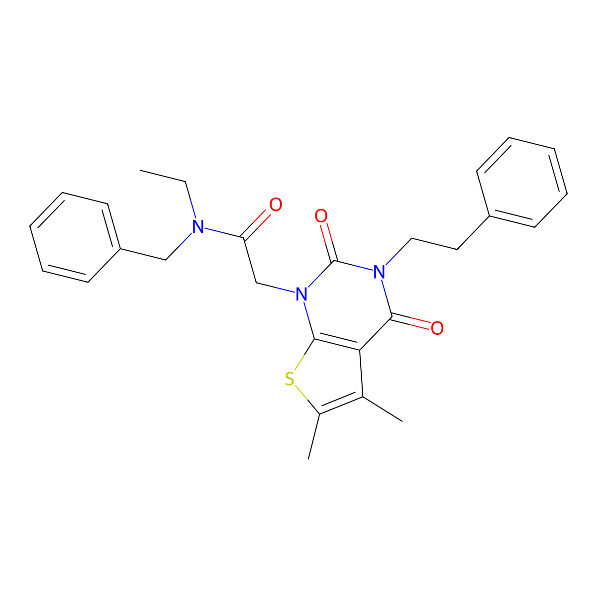 N-benzyl-2-[5,6-dimethyl-2,4-dioxo-3-(2-phenylethyl)-1H,2H,3H,4H-thieno[2,3-d]pyrimidin-1-yl]-N-ethylacetamide molecular structure, CAS 689740-76-9
