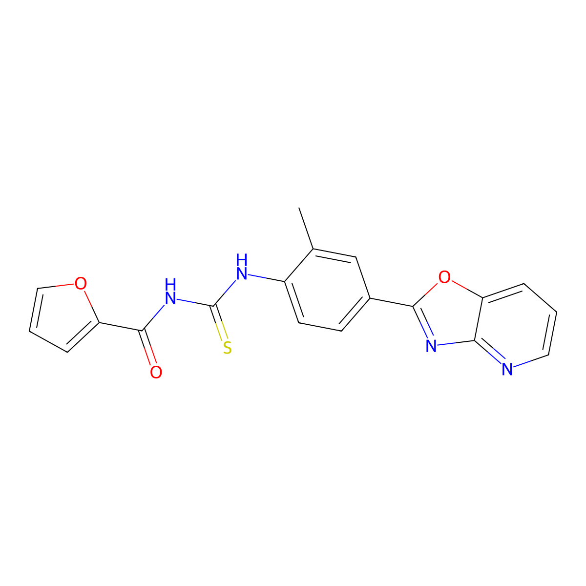 N-[[2-methyl-4-([1,3]oxazolo[4,5-b]pyridin-2-yl)phenyl]carbamothioyl]furan-2-carboxamide molecular structure, CAS 689740-85-0