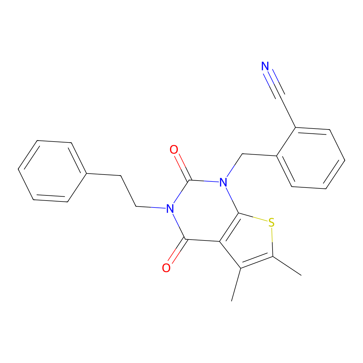 2-{[5,6-dimethyl-2,4-dioxo-3-(2-phenylethyl)-1H,2H,3H,4H-thieno[2,3-d]pyrimidin-1-yl]methyl}benzonitrile molecular structure, CAS 689740-99-6