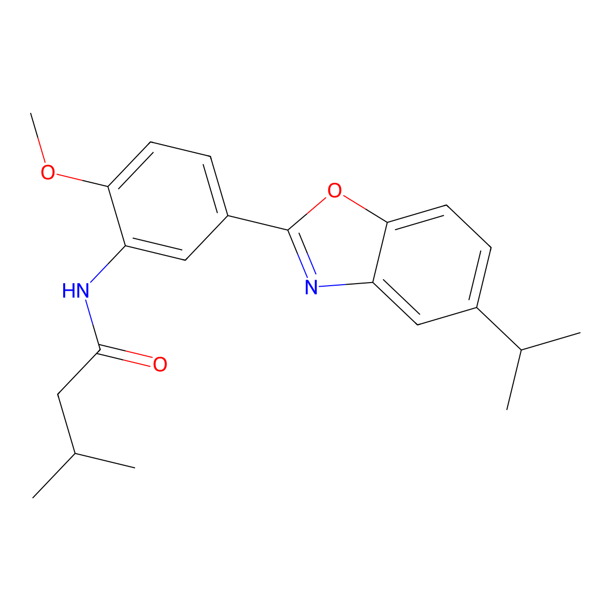 N-{2-methoxy-5-[5-(propan-2-yl)-1,3-benzoxazol-2-yl]phenyl}-3-methylbutanamide molecular structure, CAS 689741-27-3