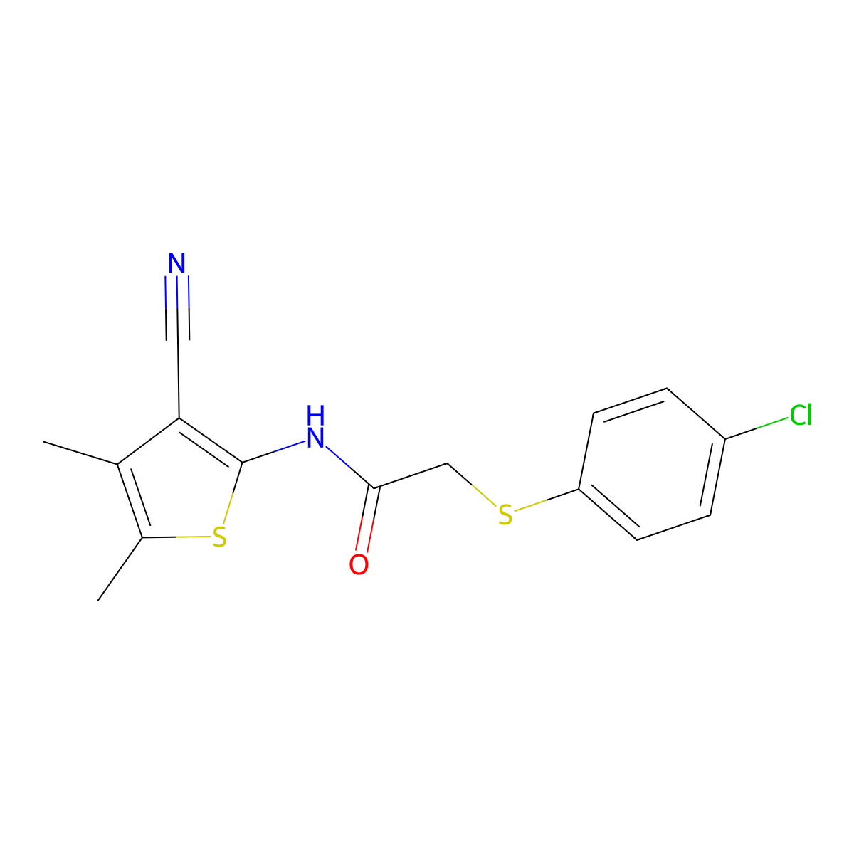 2-[(4-chlorophenyl)sulfanyl]-N-(3-cyano-4,5-dimethylthiophen-2-yl)acetamide molecular structure, CAS 689743-82-6