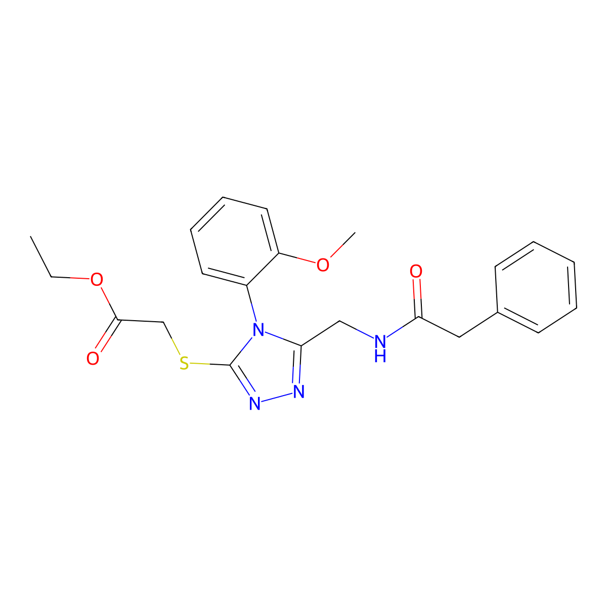 ethyl 2-((4-(2-methoxyphenyl)-5-((2-phenylacetamido)methyl)-4H-1,2,4-triazol-3-yl)thio)acetate molecular structure, CAS 689746-70-1