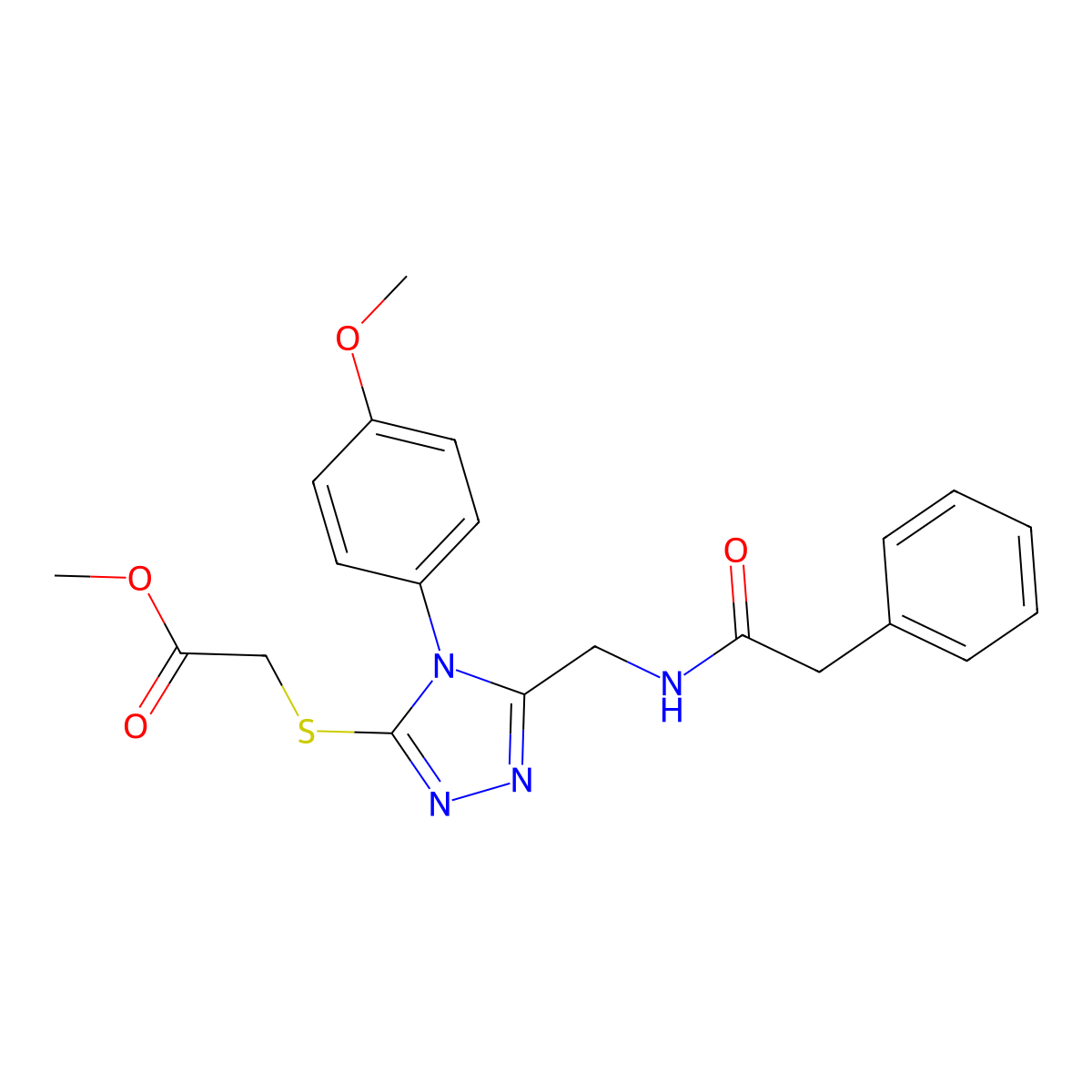 Methyl 2-[[4-(4-methoxyphenyl)-5-[[(2-phenylacetyl)amino]methyl]-1,2,4-triazol-3-yl]sulfanyl]acetate molecular structure, CAS 689746-76-7