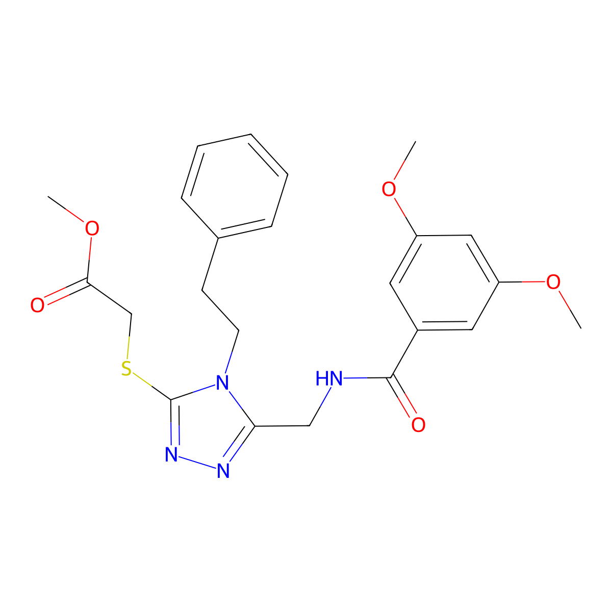 methyl 2-((5-((3,5-dimethoxybenzamido)methyl)-4-phenethyl-4H-1,2,4-triazol-3-yl)thio)acetate molecular structure, CAS 689746-88-1