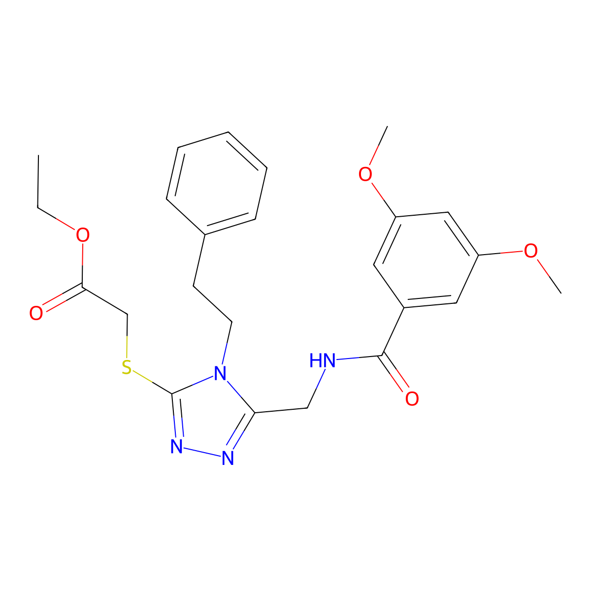 ethyl 2-((5-((3,5-dimethoxybenzamido)methyl)-4-phenethyl-4H-1,2,4-triazol-3-yl)thio)acetate molecular structure, CAS 689746-94-9