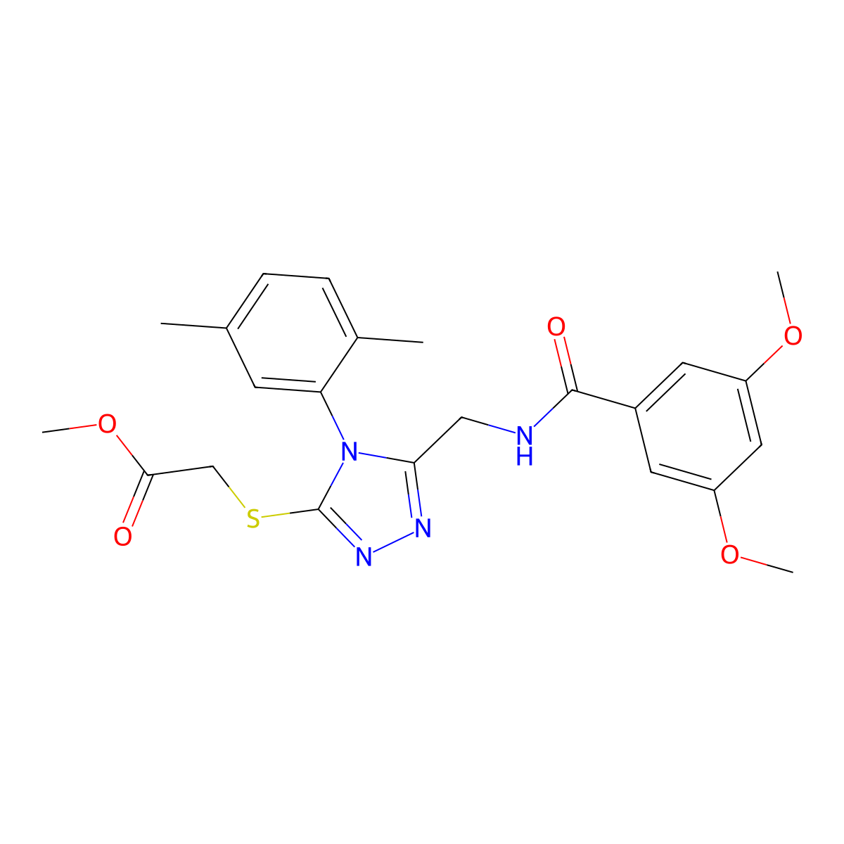 Methyl 2-[[5-[[(3,5-dimethoxybenzoyl)amino]methyl]-4-(2,5-dimethylphenyl)-1,2,4-triazol-3-yl]sulfanyl]acetate molecular structure, CAS 689747-00-0