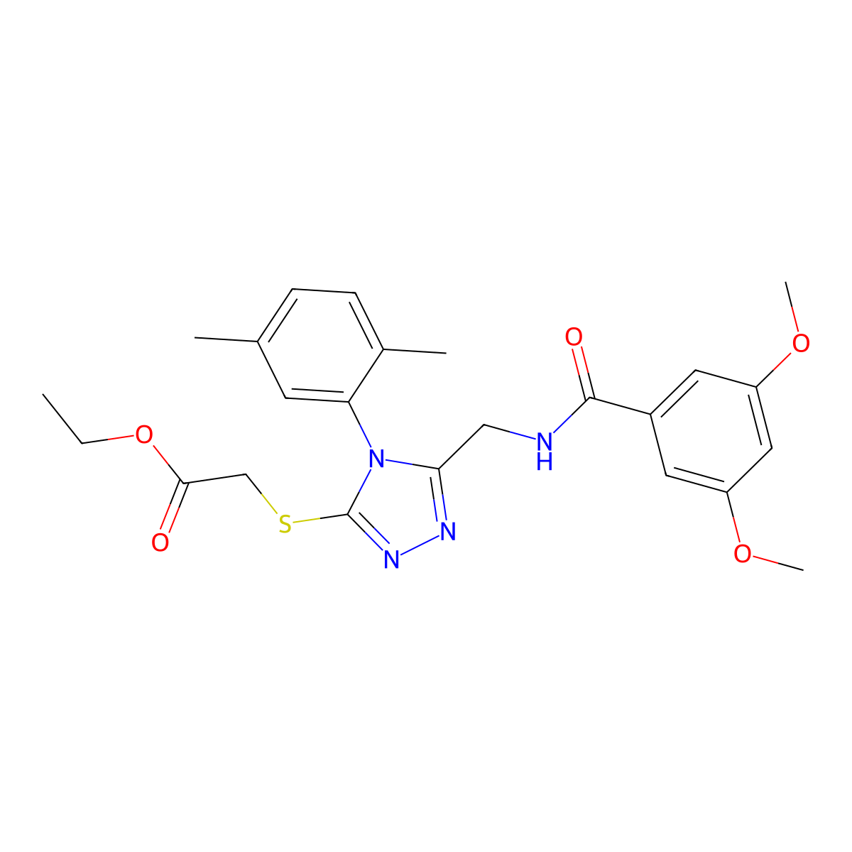 ethyl 2-((5-((3,5-dimethoxybenzamido)methyl)-4-(2,5-dimethylphenyl)-4H-1,2,4-triazol-3-yl)thio)acetate molecular structure, CAS 689747-06-6