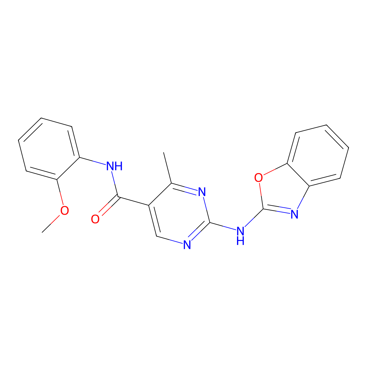 2-(1,3-benzoxazol-2-ylamino)-N-(2-methoxyphenyl)-4-methylpyrimidine-5-carboxamide molecular structure, CAS 689747-11-3