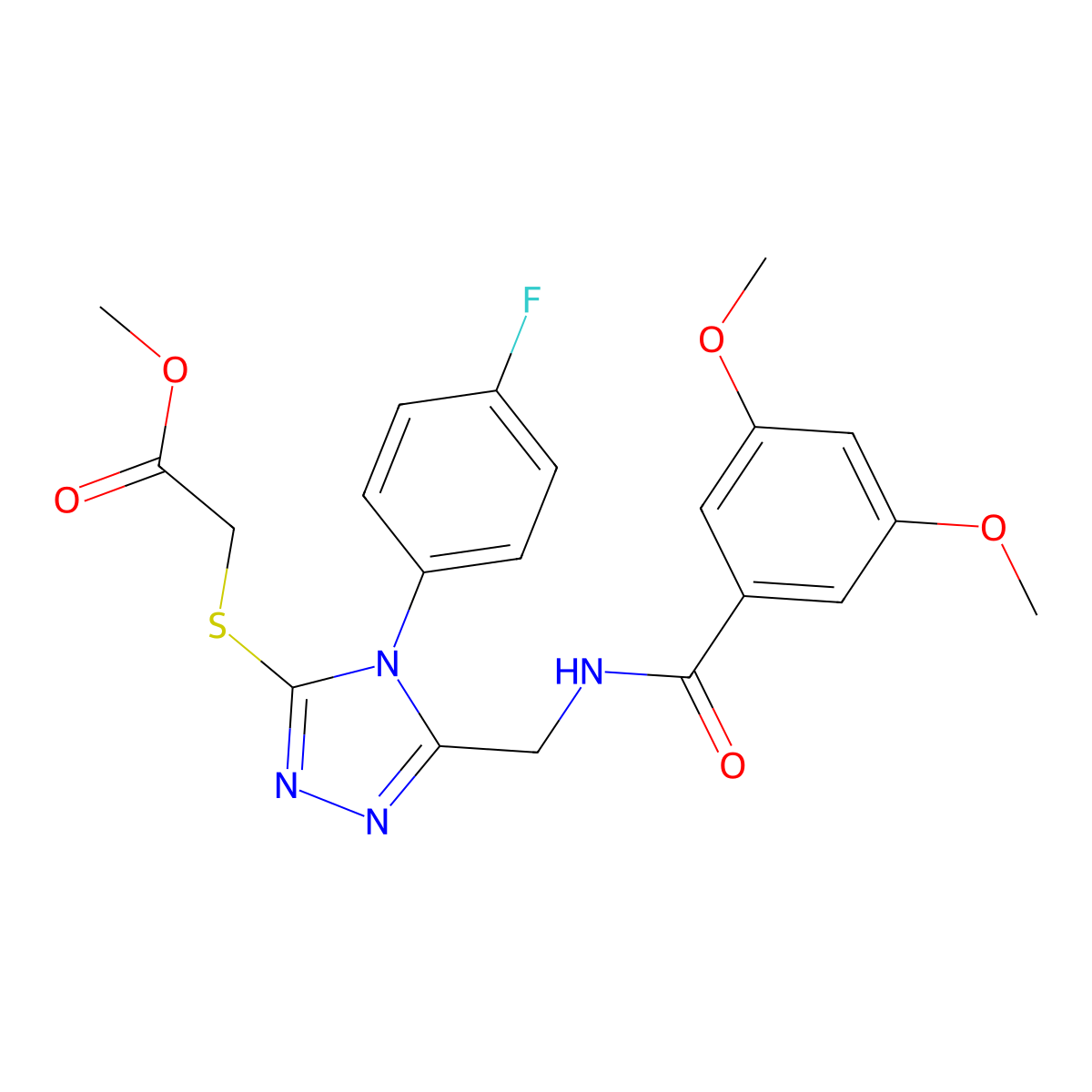 methyl 2-((5-((3,5-dimethoxybenzamido)methyl)-4-(4-fluorophenyl)-4H-1,2,4-triazol-3-yl)thio)acetate molecular structure, CAS 689747-13-5