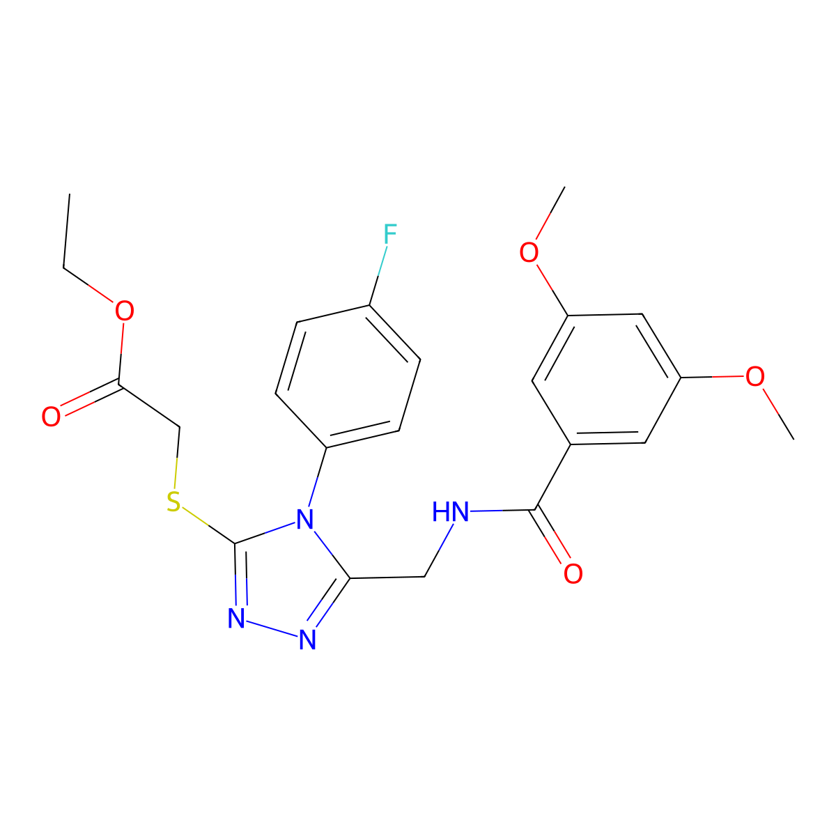 ethyl 2-((5-((3,5-dimethoxybenzamido)methyl)-4-(4-fluorophenyl)-4H-1,2,4-triazol-3-yl)thio)acetate molecular structure, CAS 689747-19-1
